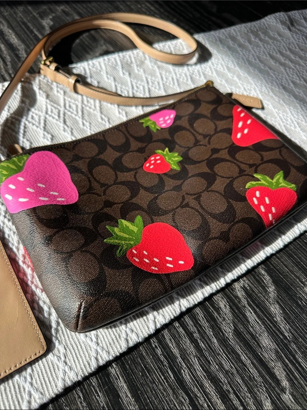 Coach Duo Dark Brown Signature Strawberries Coated Leather Crossbody Bag & Pouch
